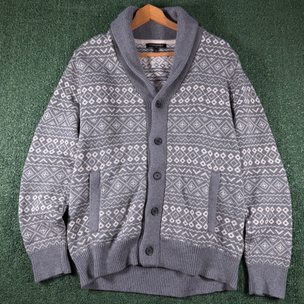 Banana Republic Cardigan Mens M Grey Excellent Fair Isle Shawl Collar Sweater